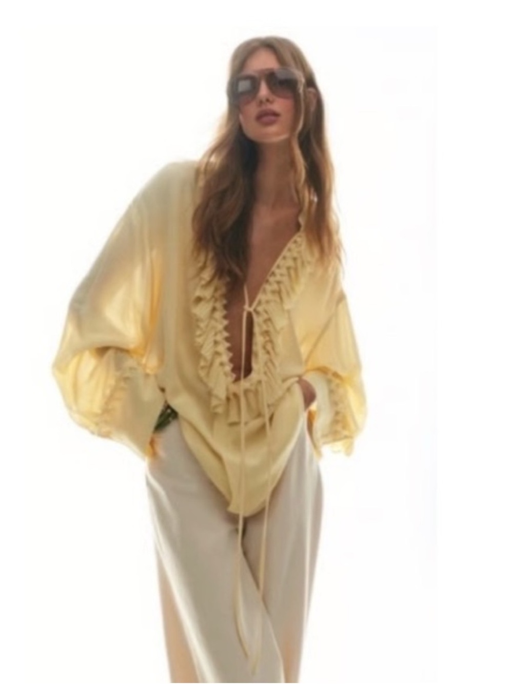 H&M Edition Soft Yellow Ruffled Oversized Slouchy Crepe Pirate Tunic. Size XS